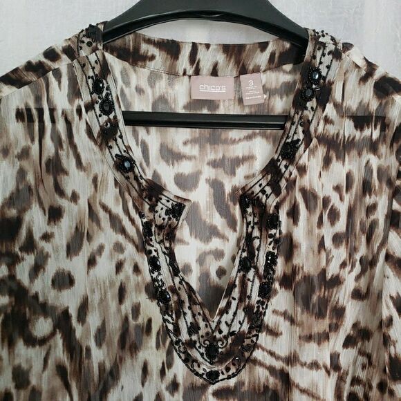Chico's Chiffon Sequin Collar 3/4 Sleeve Sheer Blouse Lepoard Women 3 (XL) *FLAW - Picture 2 of 9